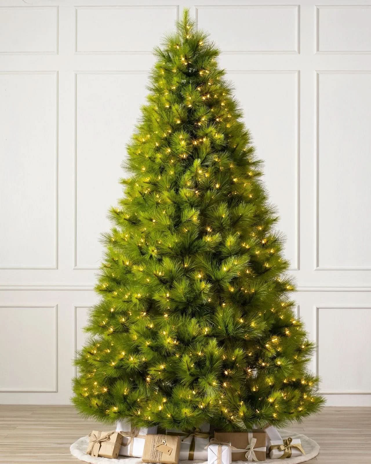 Green Monterey Pine Christmas Tree with Long Branches, Metal Stand and Built-In Micro LEDs
