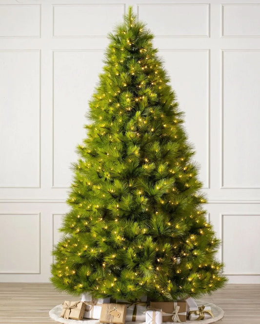 Green Monterey Pine Christmas Tree with Long Branches, Metal Stand and Built-In Micro LEDs