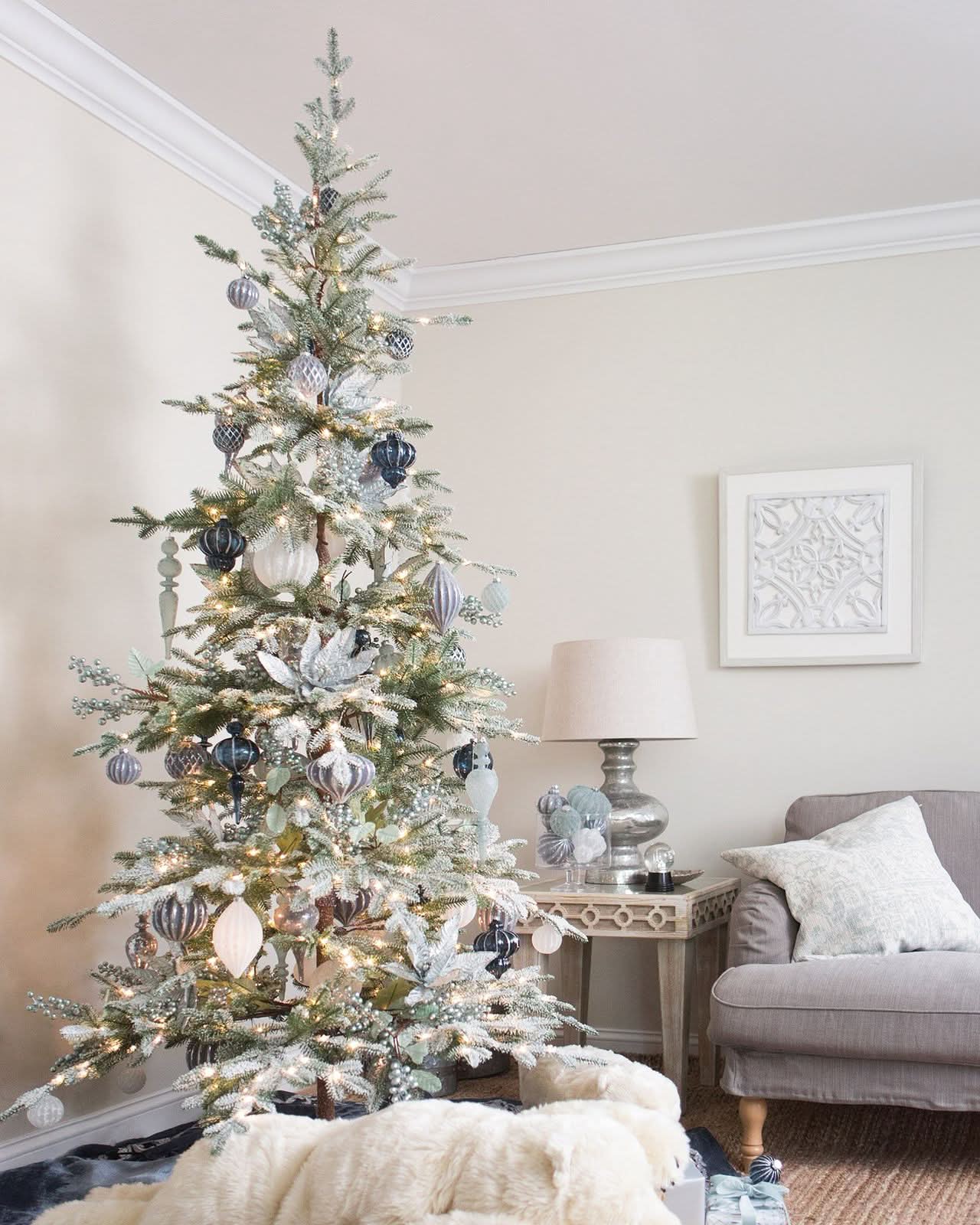 Snow-Covered Christmas Tree with Frosted Branches, Metal Stand and Built-In Micro LEDs