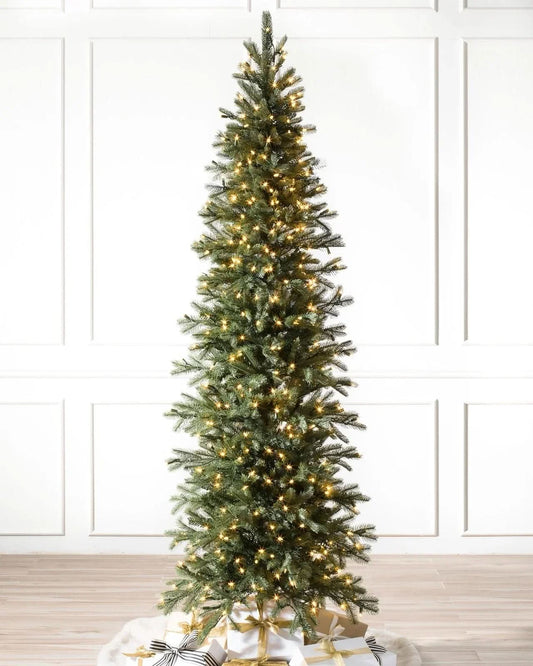 Cathedral Fir Slim Christmas Tree with Hinged Branches, Metal Stand and Built-In Micro LEDs