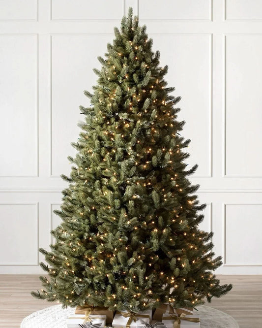 Vermont White Spruce Christmas Tree with Hinged Branches, Metal Stand and Built-In Micro LEDs