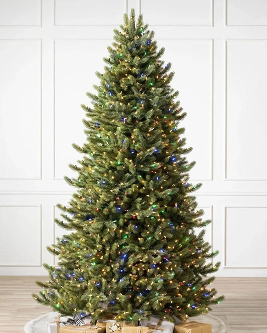 Balsam Fir Christmas Tree with Hinged Branches, Metal Stand and Built-In Multicolour Micro LEDs