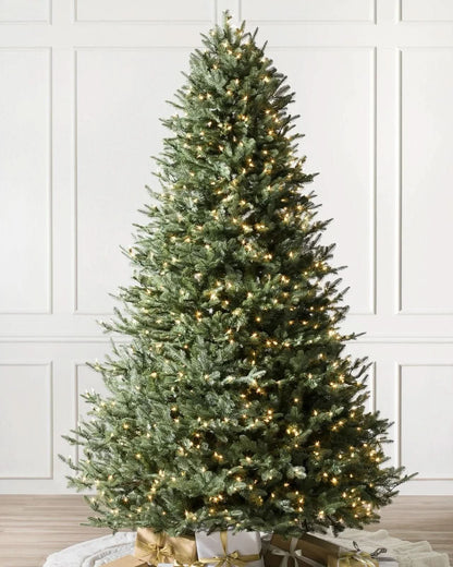 Green White Spruce Christmas Tree with Hinged Branches, Metal Stand and Built-In Micro LEDs