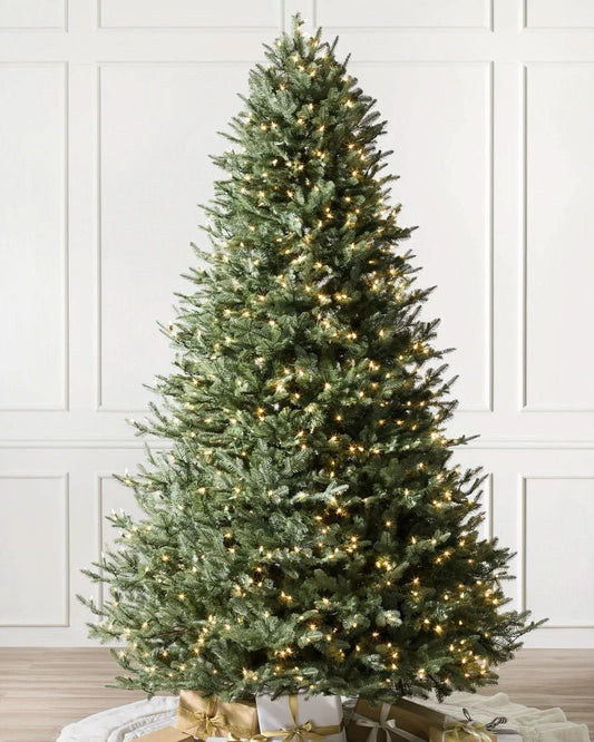 Green White Spruce Christmas Tree with Hinged Branches, Metal Stand and Built-In Micro LEDs