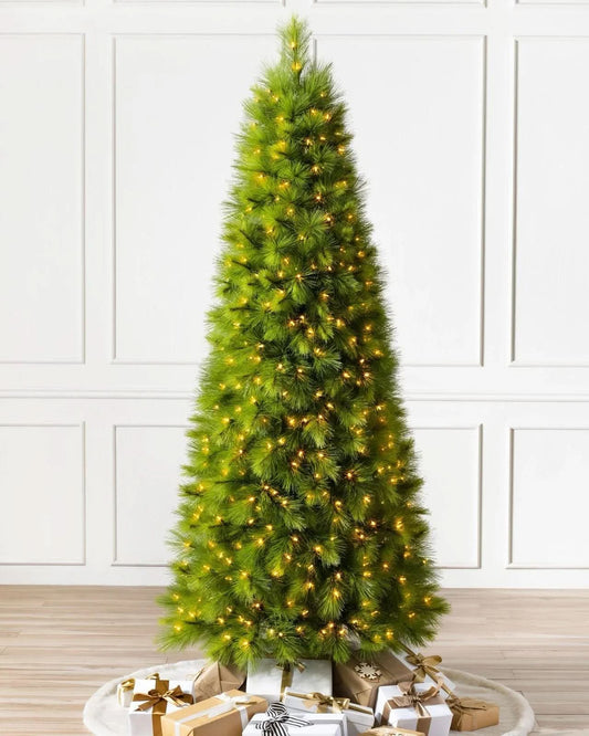 Monterey Pine Slim Christmas Tree with Hinged Branches, Metal Stand and Built-In Micro LEDs