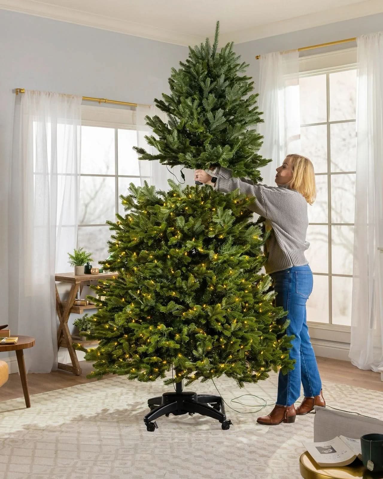 Premium Green Christmas Tree with Hinged Branches, Metal Stand with Wheels and Built-In Micro LEDs